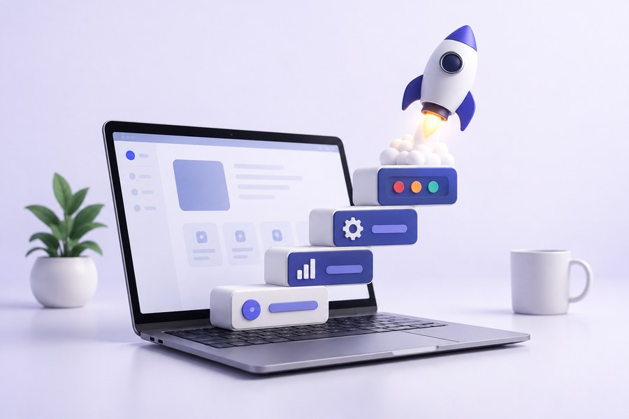 Reboot AI Camp — ノートパソコンから積み上がるブロックを足場にロケットが飛び立つイメージ