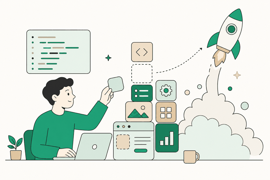 Reboot AI Camp — コードブロックを組み上げてロケットを飛ばすイラスト