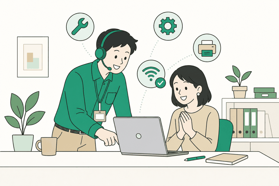 マカセテ情シスAI — 社内のIT担当がPCの困りごとを解決するイラスト
