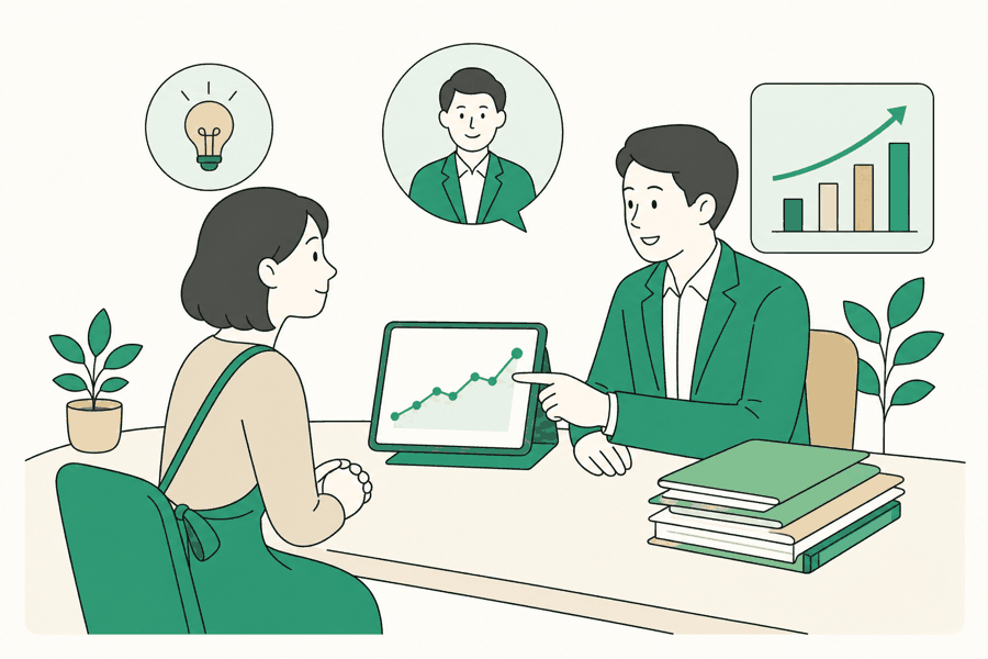 マカセテ顧問AI — 経営者がアドバイザーに相談するイラスト