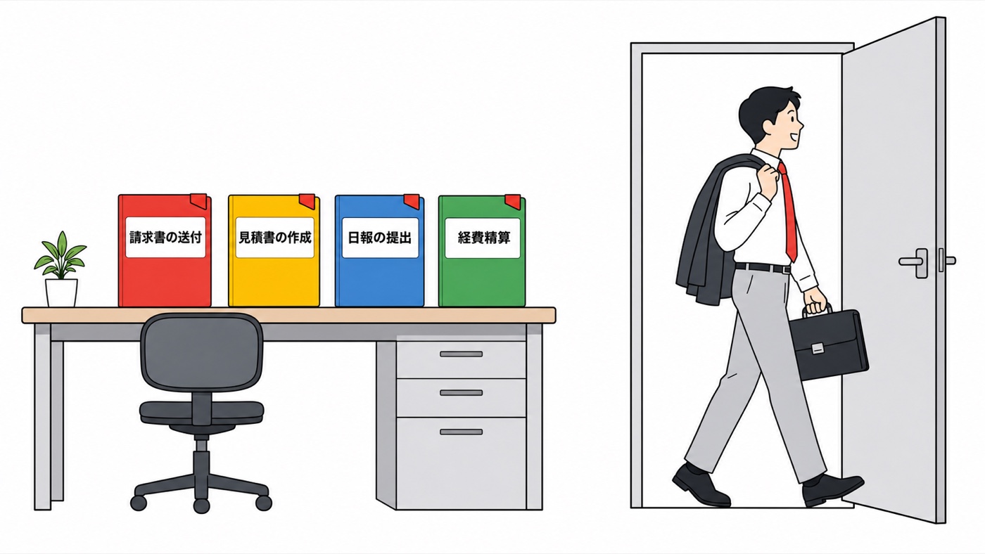 社長が外出したあとのオフィスで、手つかずの依頼が積み上がっている様子