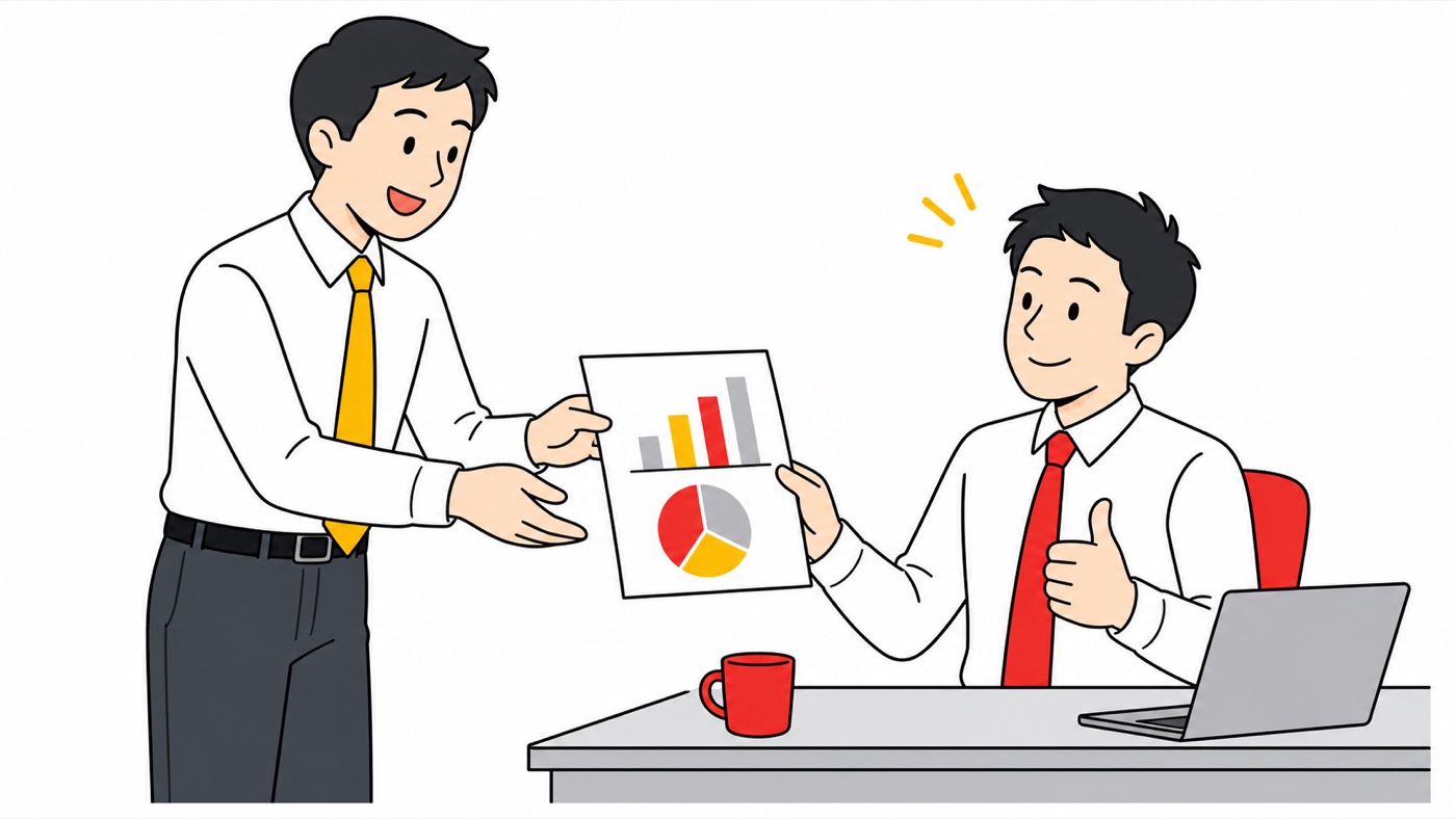 集計した数字をまとめた資料を、経営者に手渡すイメージ