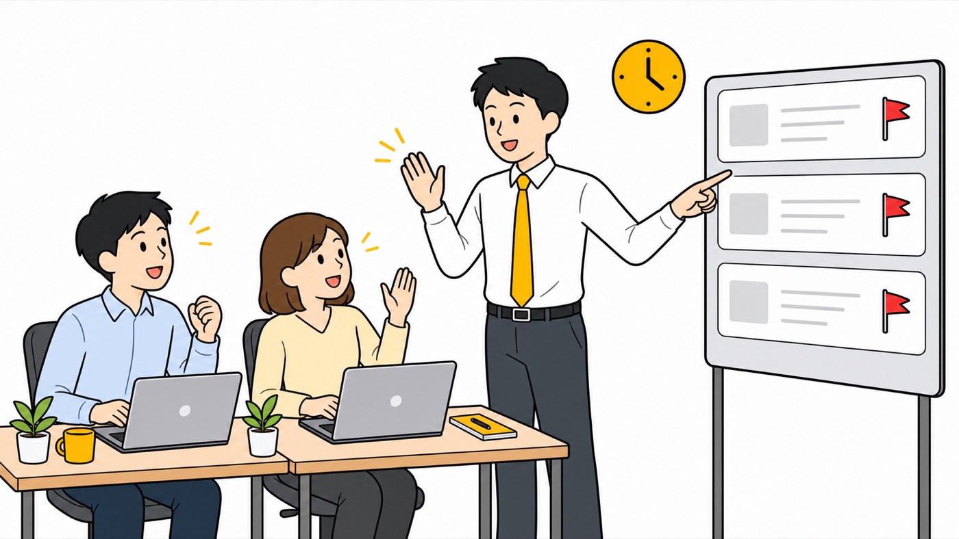 タスクボードの前で、止まっている案件を指しながらメンバーに声をかける主任
