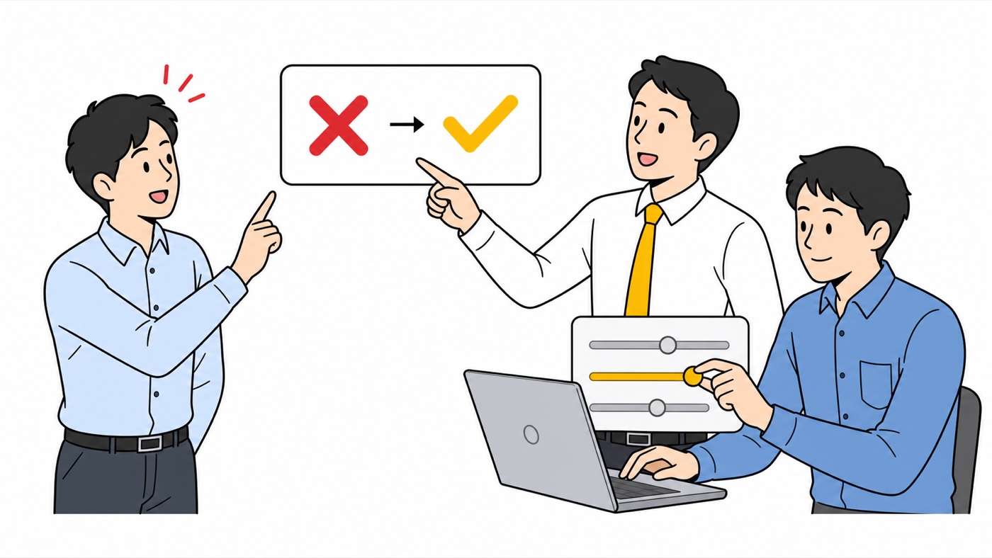 現場の指摘を受けて、担当者が判定条件を修正している様子